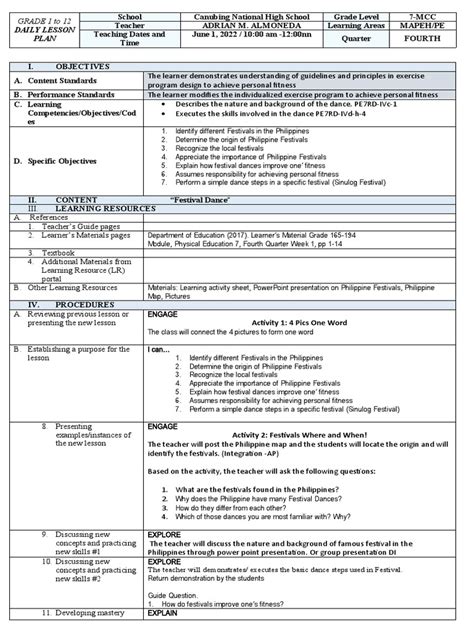 Lesson Plan in PE7 Q4 Philippine Festivals .